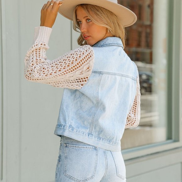 Vici Jackets & Blazers - VICI Jasper Light Wash Cropped Denim Jacket Crochet Knit Sleeves Medium 8-10